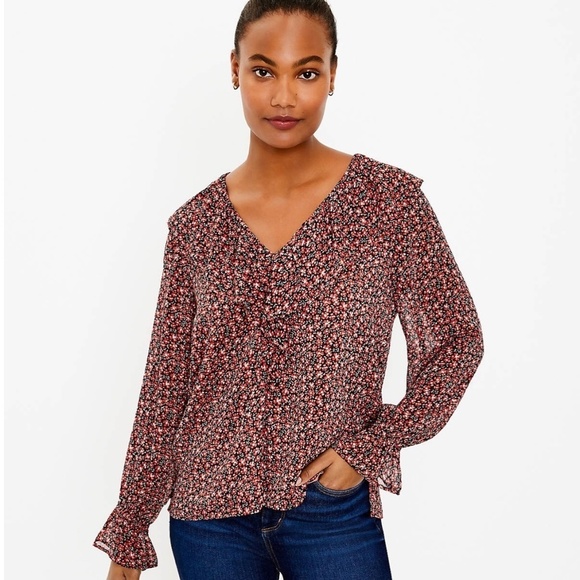 LOFT Ruffle V-Neck Floral Blouse Top in Deep Persimmon NEW - Picture 1 of 12